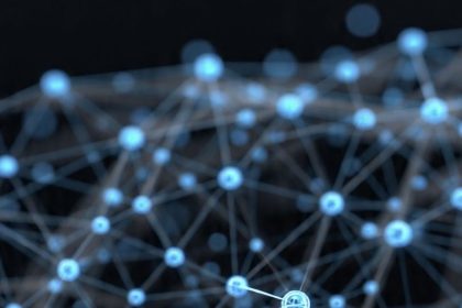 Glowing network nodes representing a blockchain