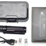 A row of electronic cigarette devices and e-liquid bottles on display