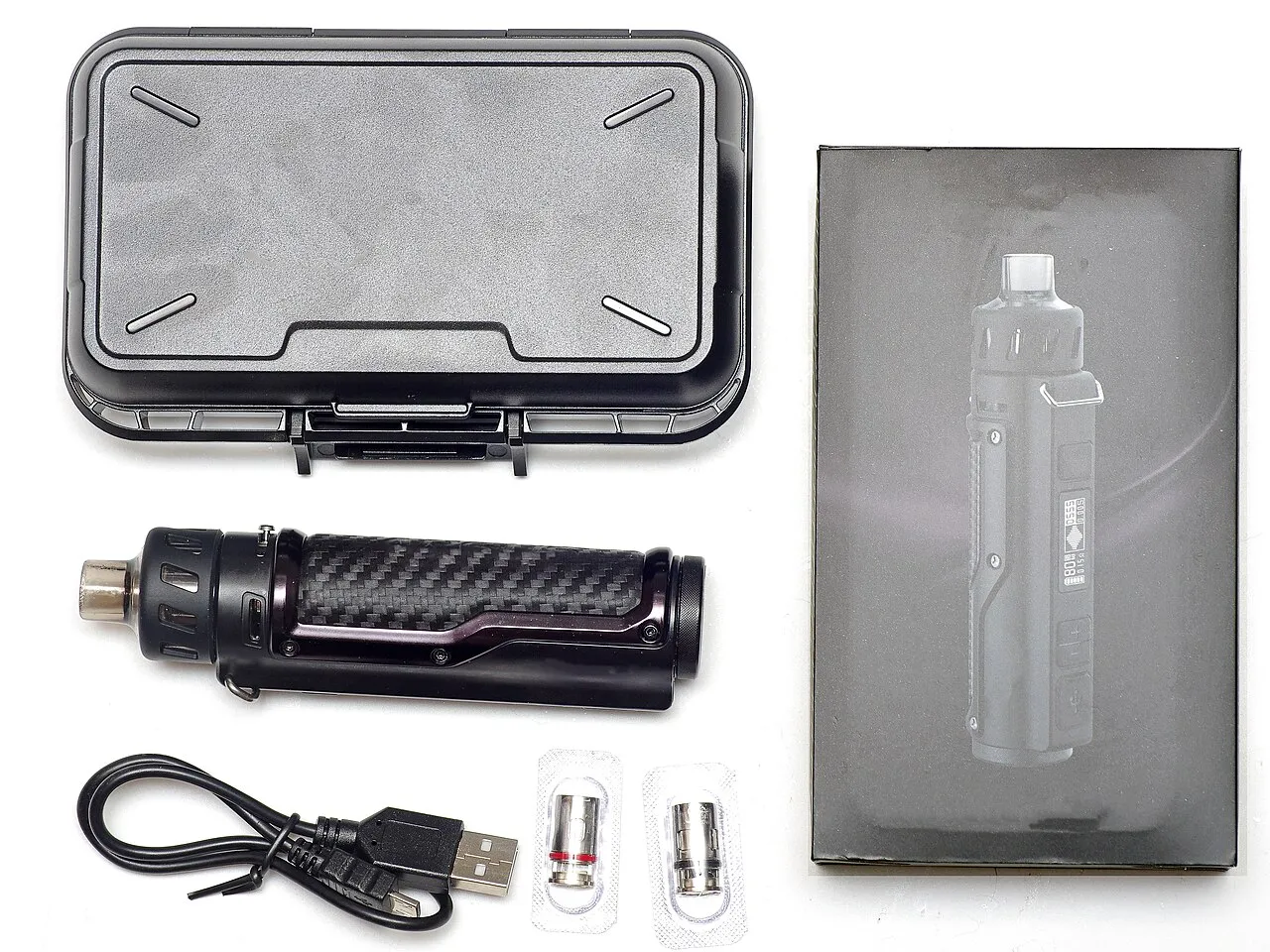 A row of electronic cigarette devices and e-liquid bottles on display