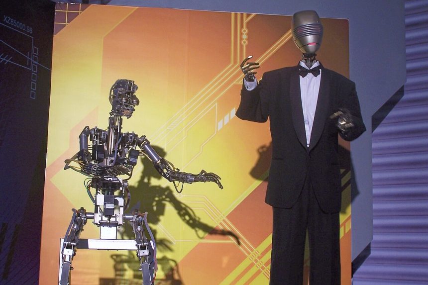 Humanoid robots on display at an exhibition in Hong Kong