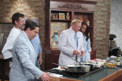 A cooking demonstration being filmed on a morning television show.