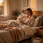 Person reading a book in bed in warm evening light with a phone face-down nearby