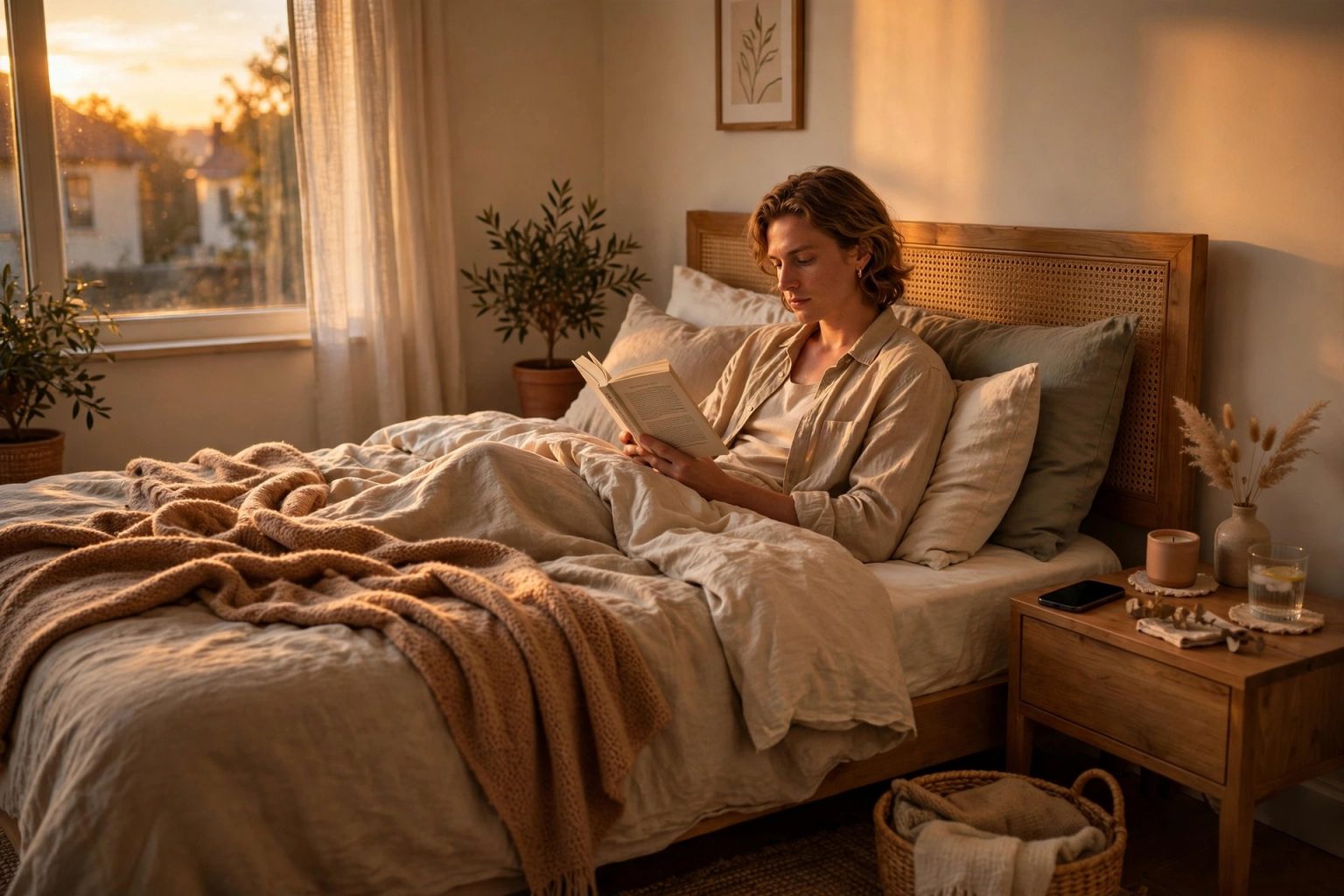 Person reading a book in bed in warm evening light with a phone face-down nearby