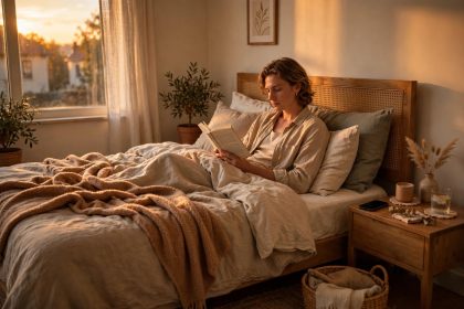 Person reading a book in bed in warm evening light with a phone face-down nearby