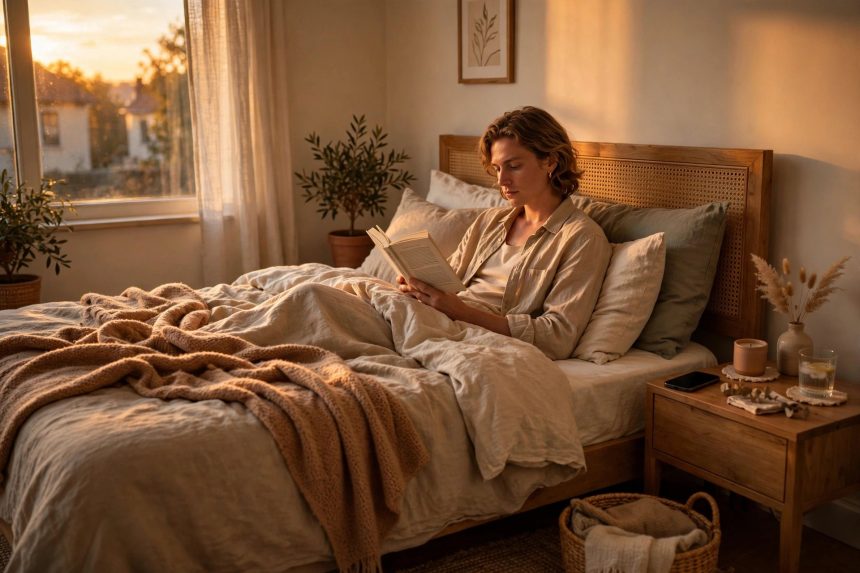 Person reading a book in bed in warm evening light with a phone face-down nearby