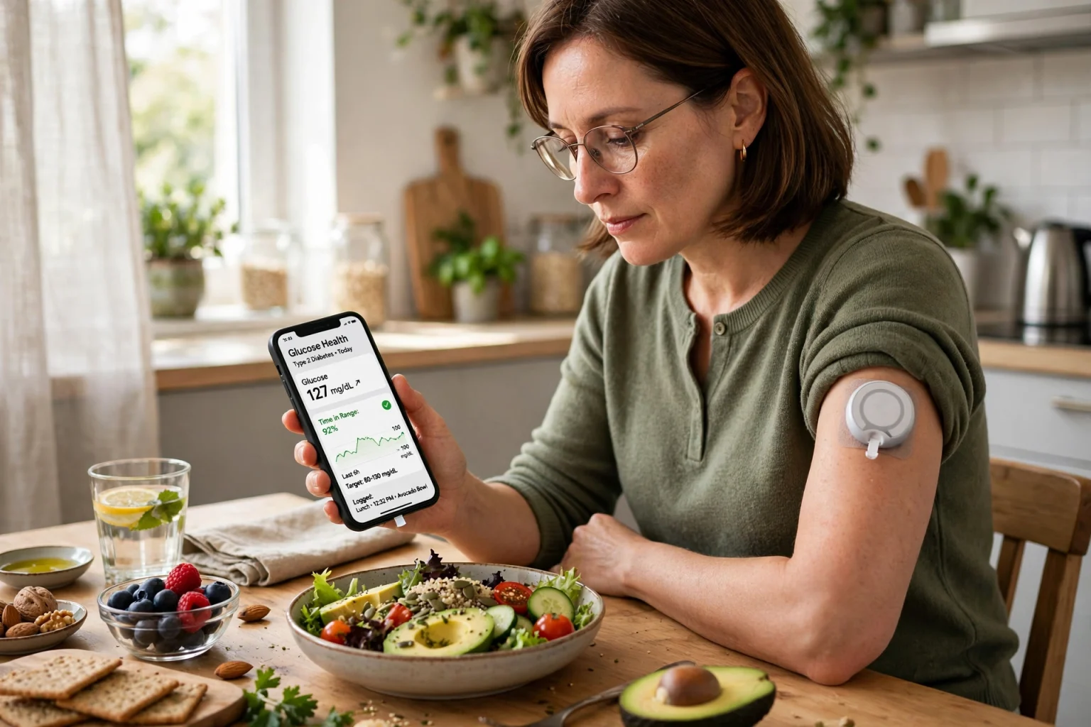 Person with type 2 diabetes checking a continuous glucose monitor app