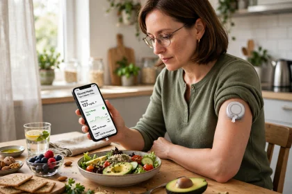 Person with type 2 diabetes checking a continuous glucose monitor app