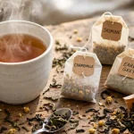 Cup of tea with tea bags and loose leaf tea on a table