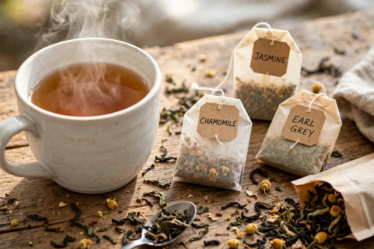 Cup of tea with tea bags and loose leaf tea on a table