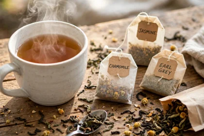 Cup of tea with tea bags and loose leaf tea on a table