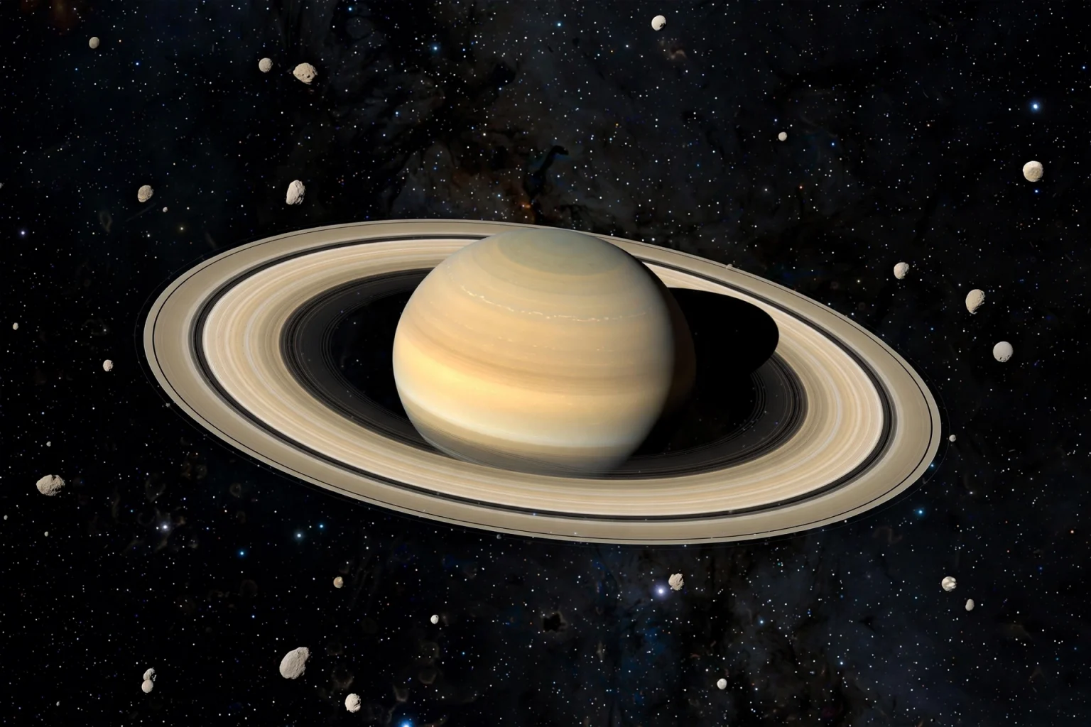 Saturn and its rings surrounded by dozens of small moons in deep space