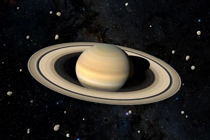 Saturn and its rings surrounded by dozens of small moons in deep space