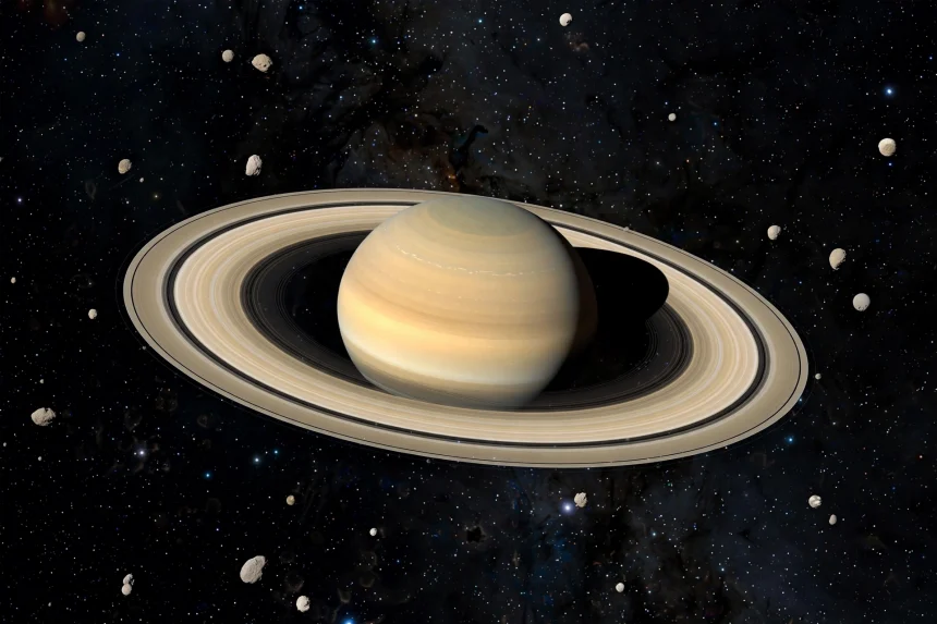 Saturn and its rings surrounded by dozens of small moons in deep space